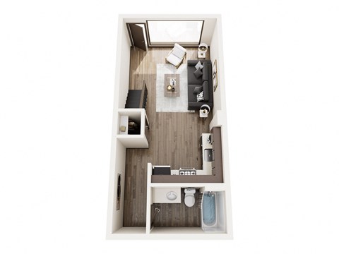 a stylized floor plan with a bedroom and a living room